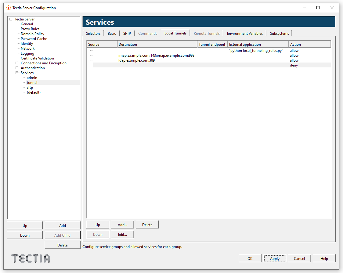 Tectia Server Configuration - Services page - Local Tunnels tab