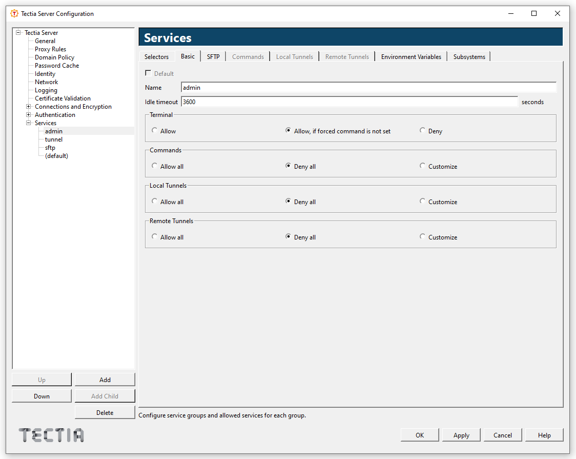 Tectia Server Configuration - Services page - Basic tab