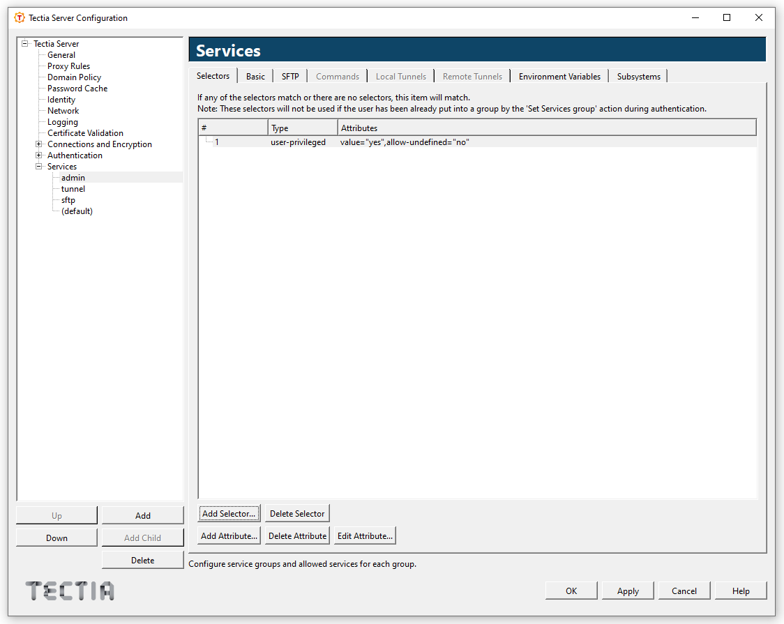 Tectia Server Configuration - Services page - Selectors tab