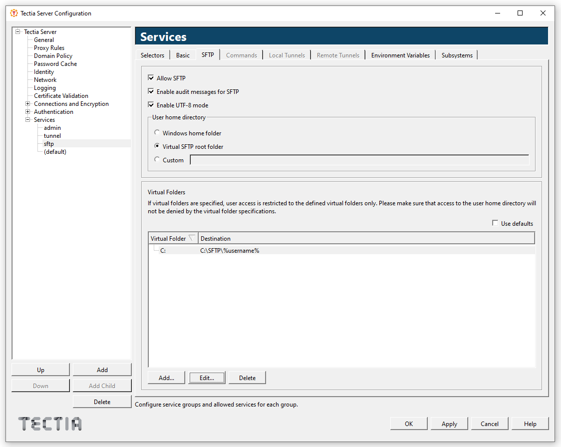 Tectia Server Configuration - Services page - SFTP tab