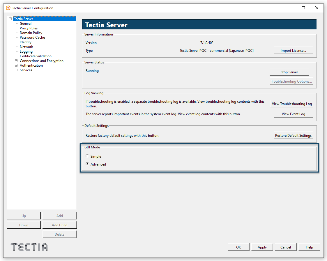 Selecting Advanced GUI mode