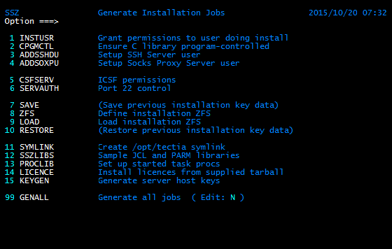 Tectia SSH Assistant Generate Installation Jobs submenu (1 GENJ)