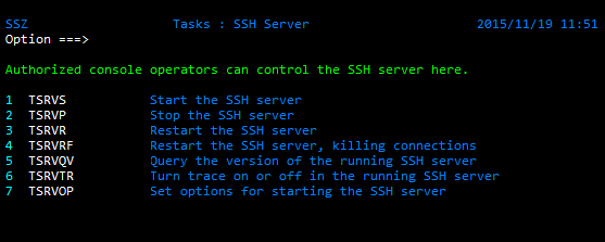 Tectia SSH Assistant ISPF application - Tasks: SSH Server (4.1 TSRV)